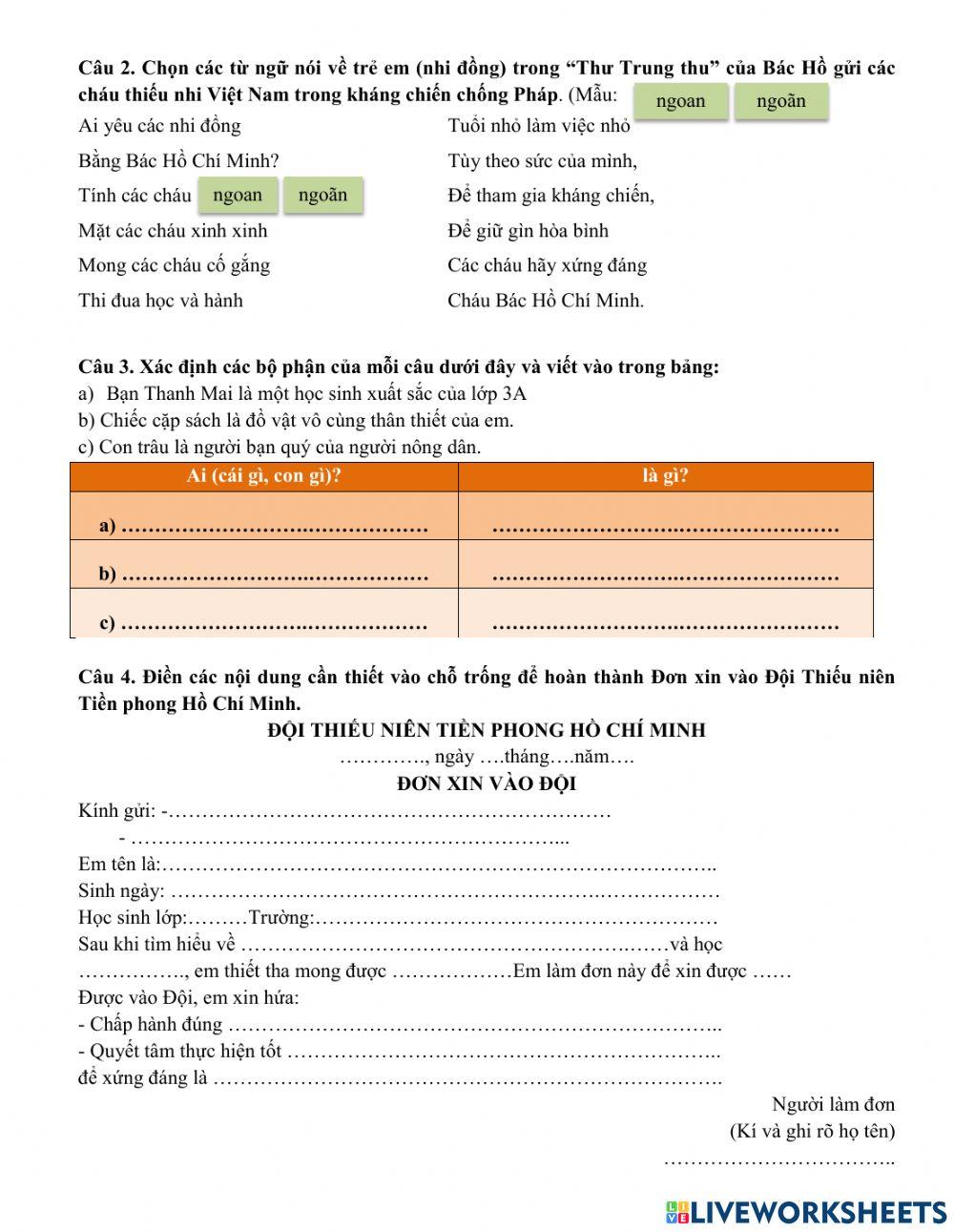 Bài tập cuối tuần.Tiếng việt 3. tuần 2