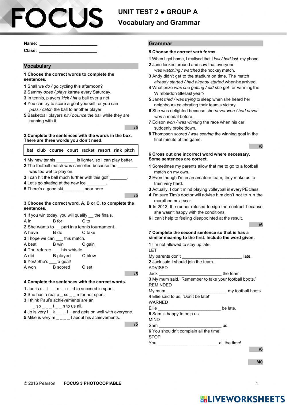 Focus 3 Test Unit 2 online exercise for Live Worksheets