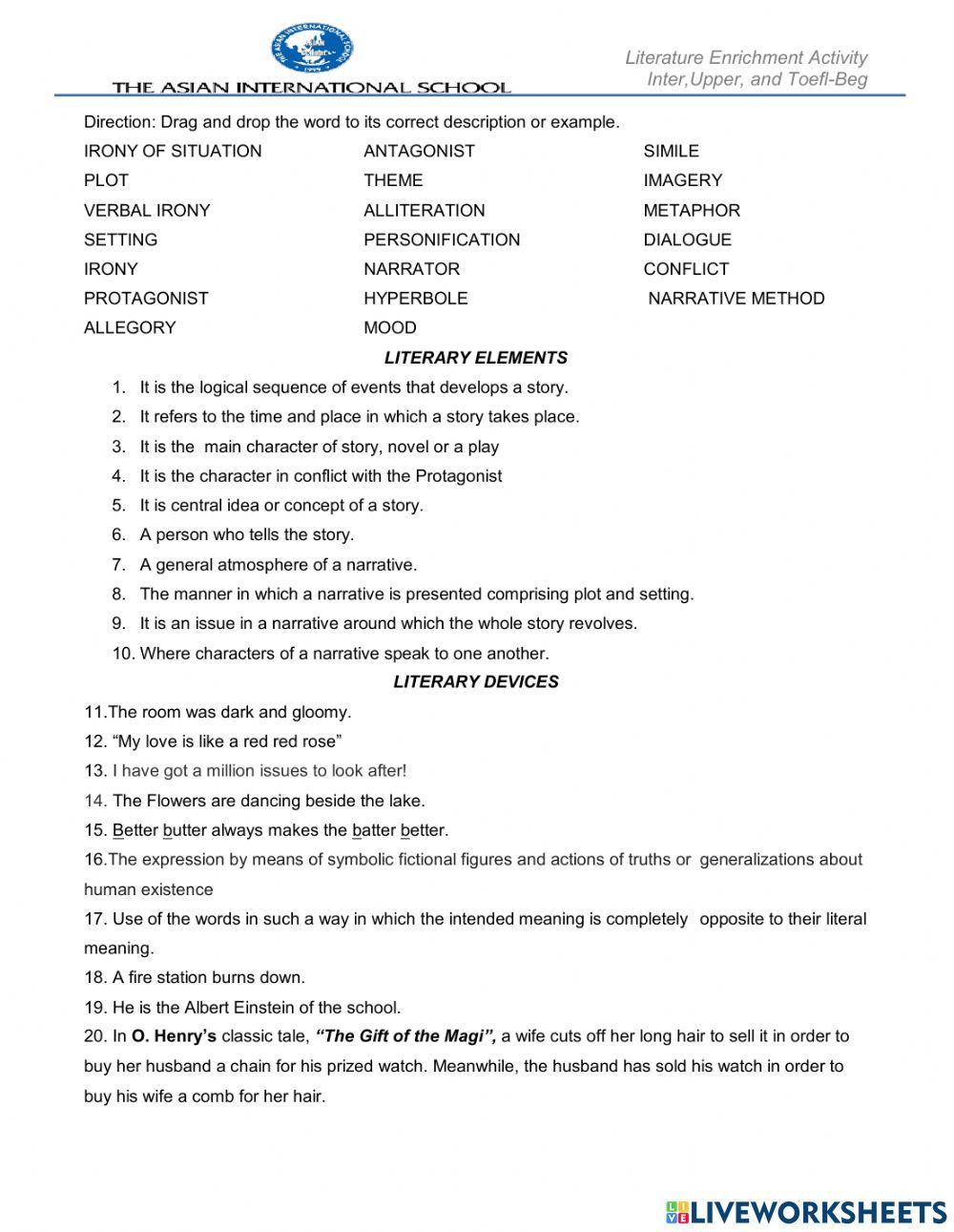 Literary Elements and Devices worksheet | Live Worksheets