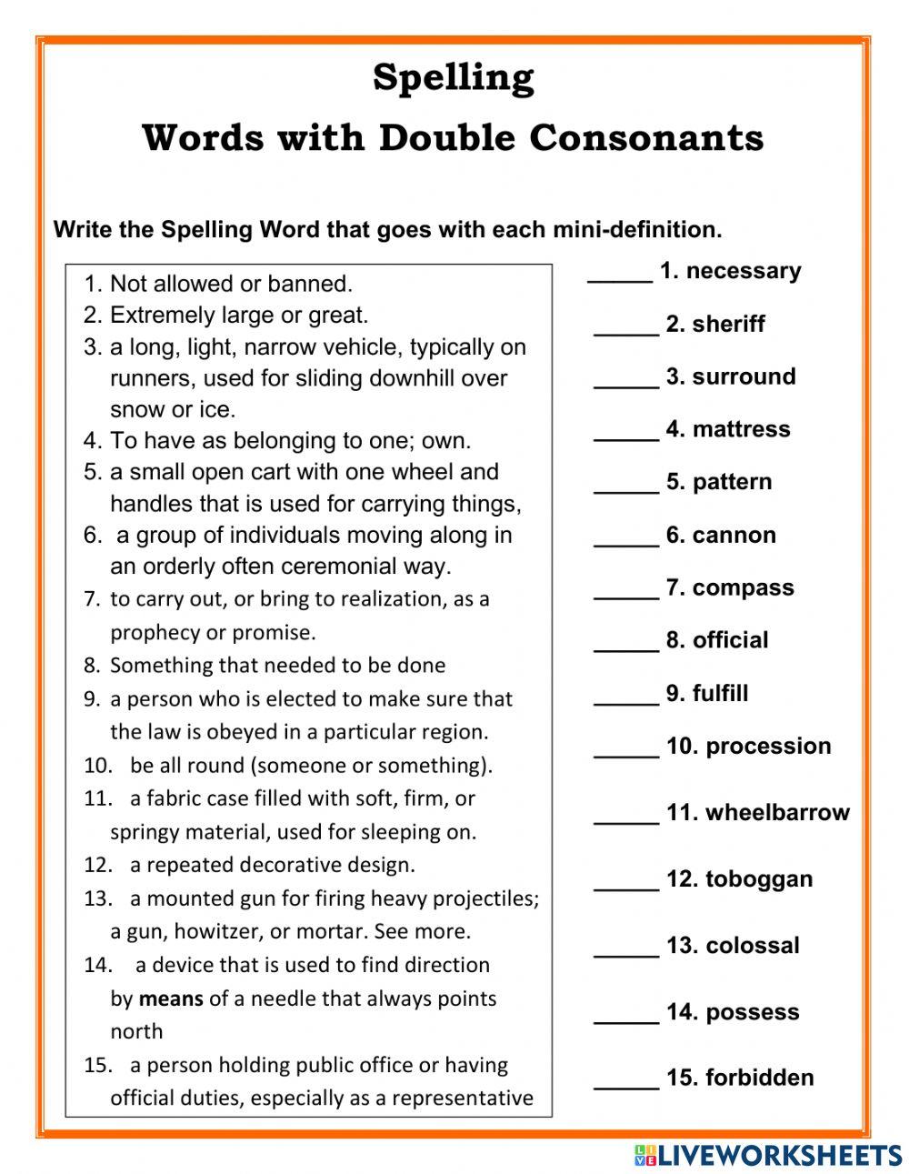 Double Consonants- Spelling Sheet
