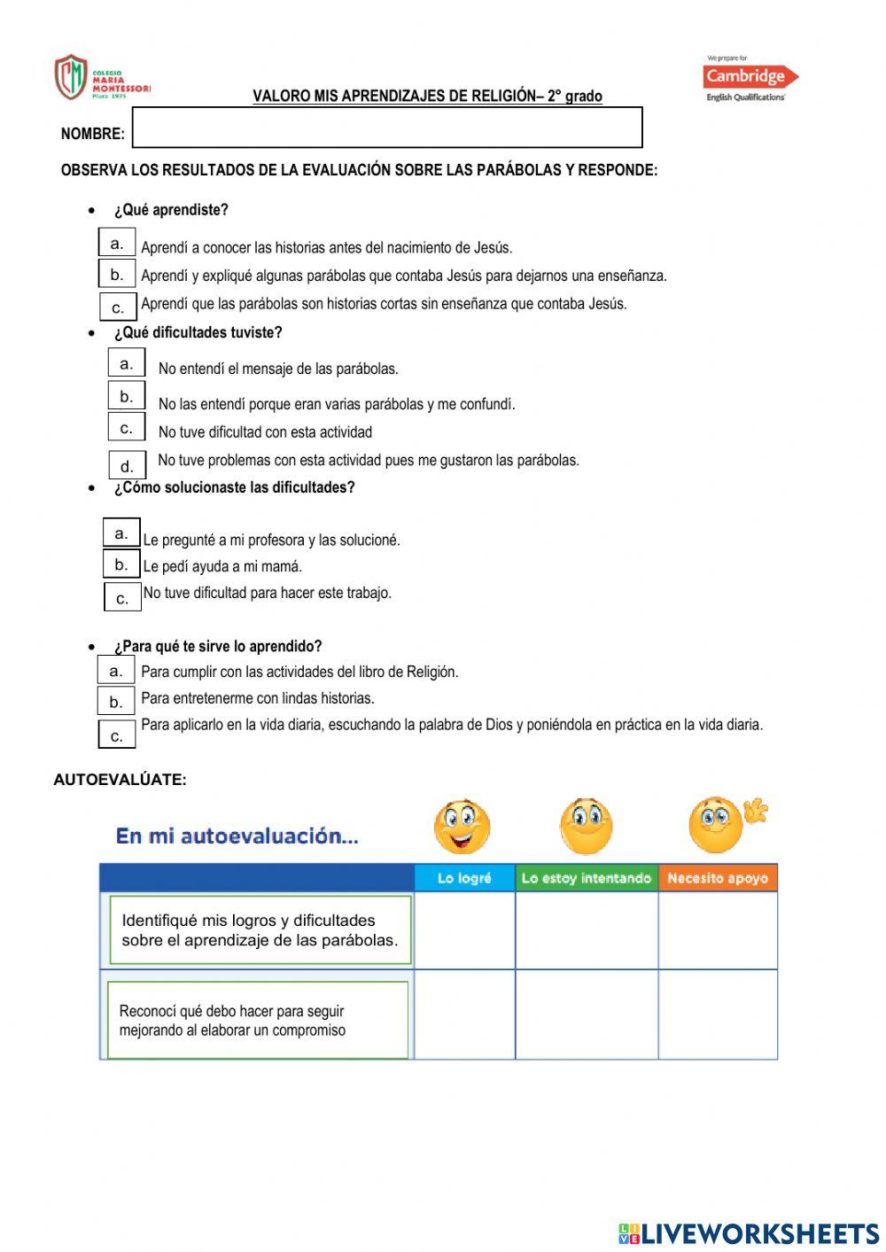 Valoro mis aprendizajes Religión