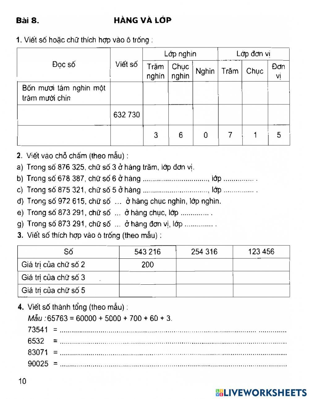 Hàng và lớp VBT Toán trang 10
