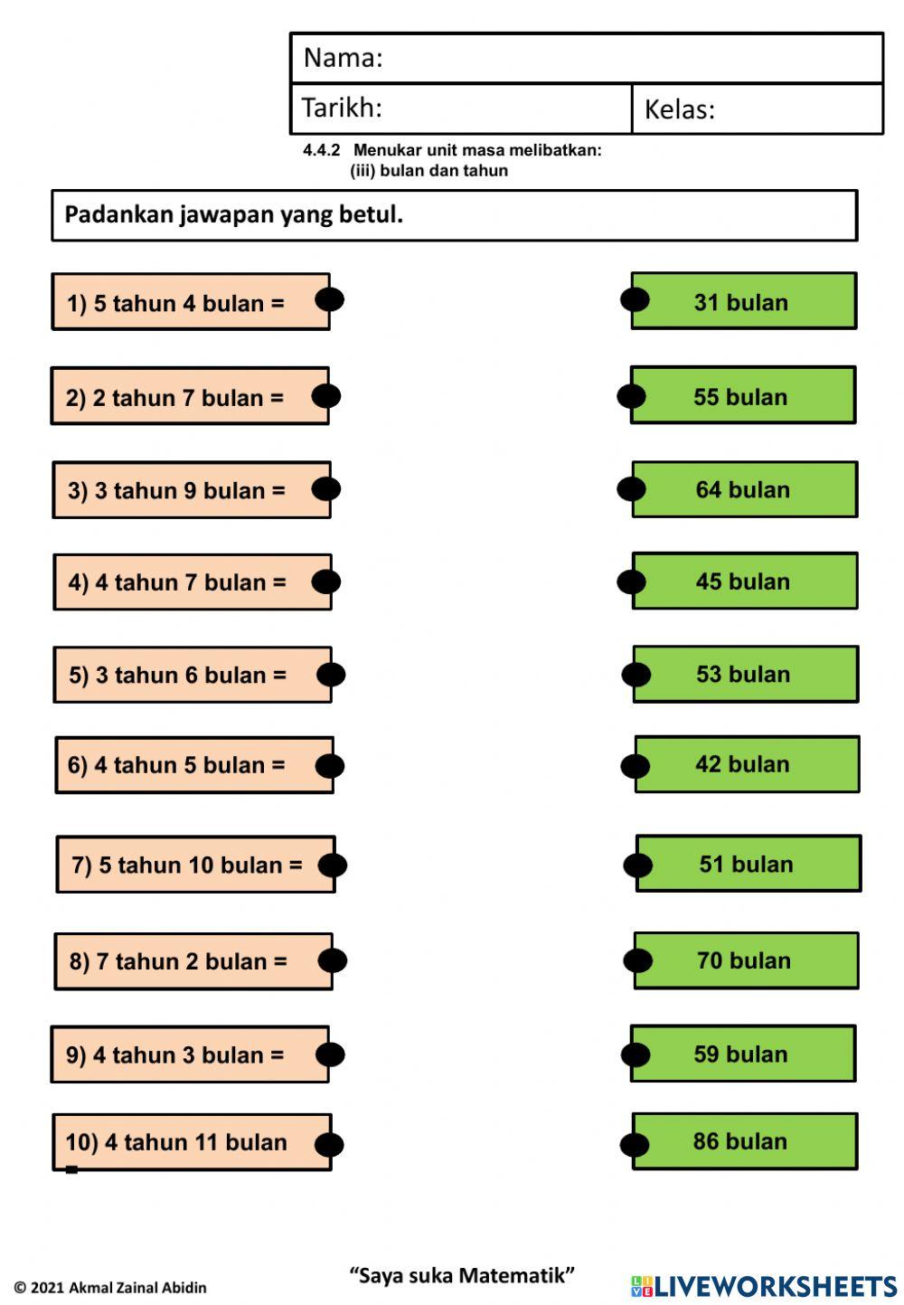 Menyelesaikan ayat matematik tambah dan tolak hingga tiga nilai masa melibatkan bulan dan tahun