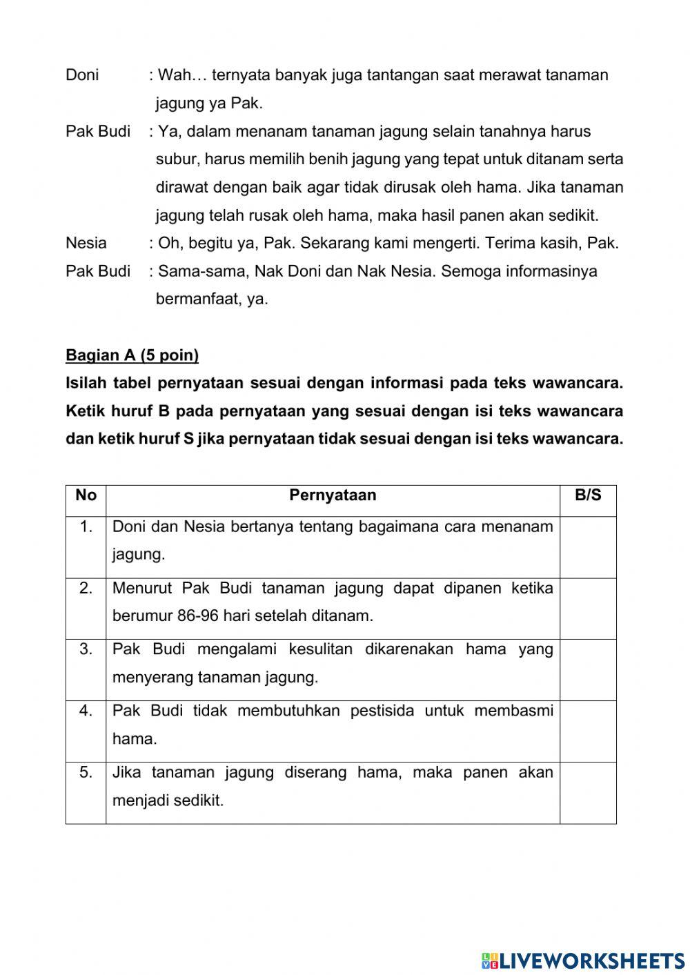 Class Test Bahasa Indonesia Grade 3 Harvey