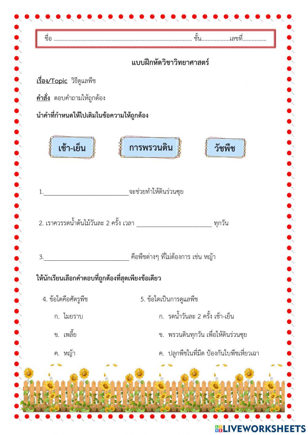 แบบฝึกหัดเรื่องวิธีการดูแลพืช
