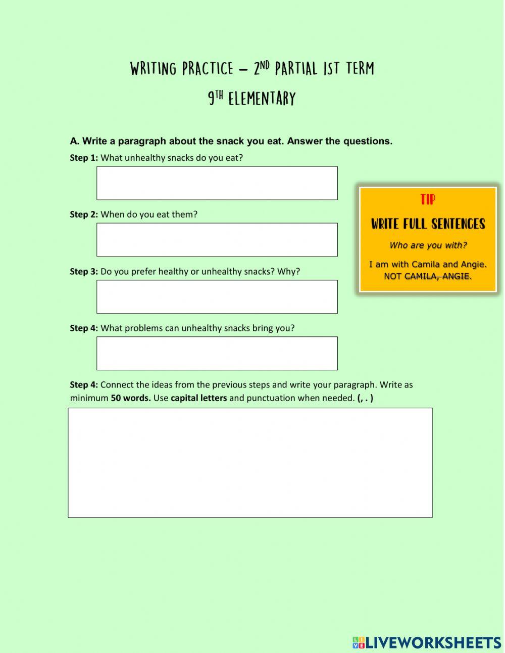 Writing practice activity for 9Th Elementary | Live Worksheets
