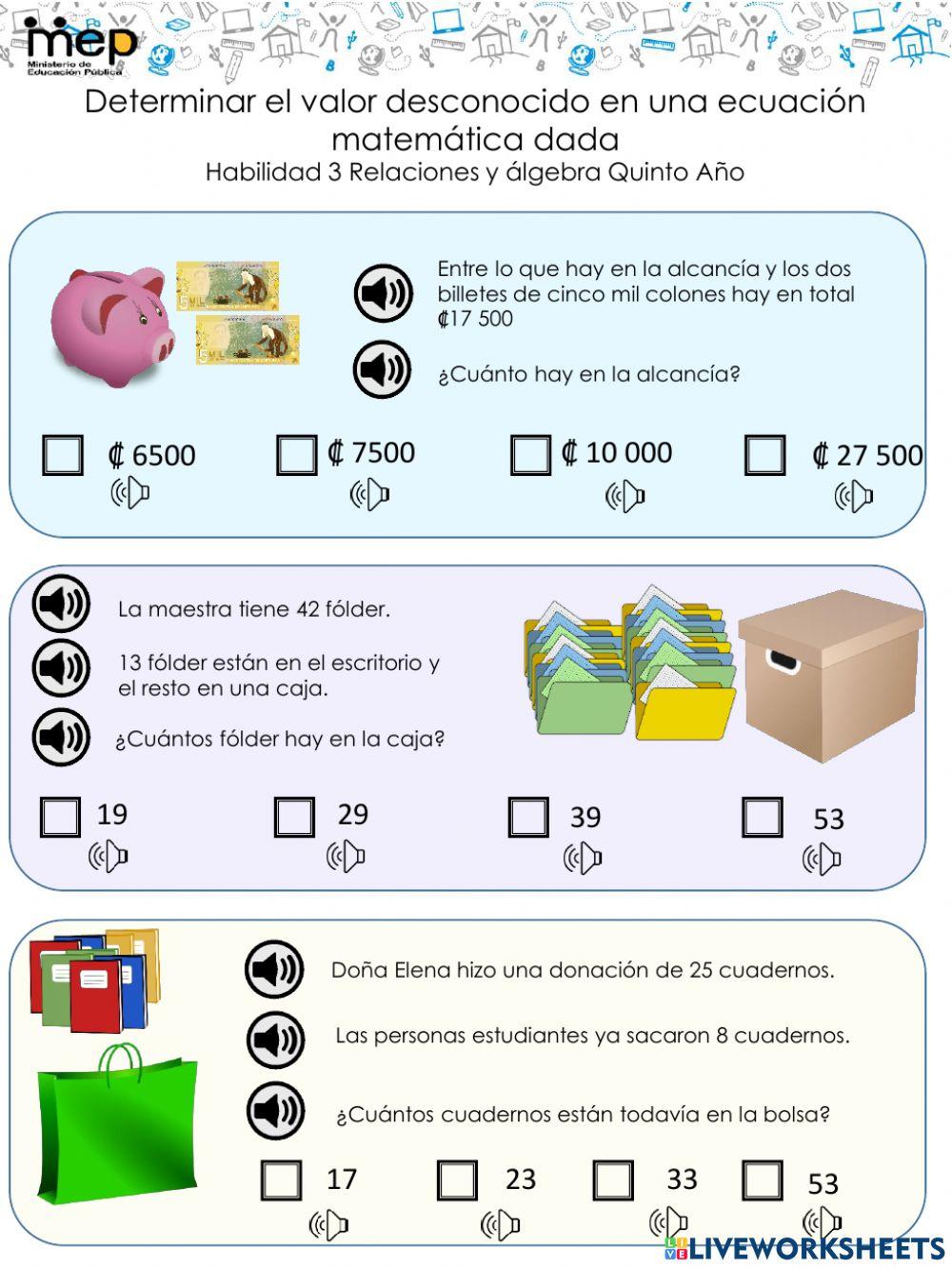 Determinar el valor desconocido en una ecuación matemática dada.  Ejercicios