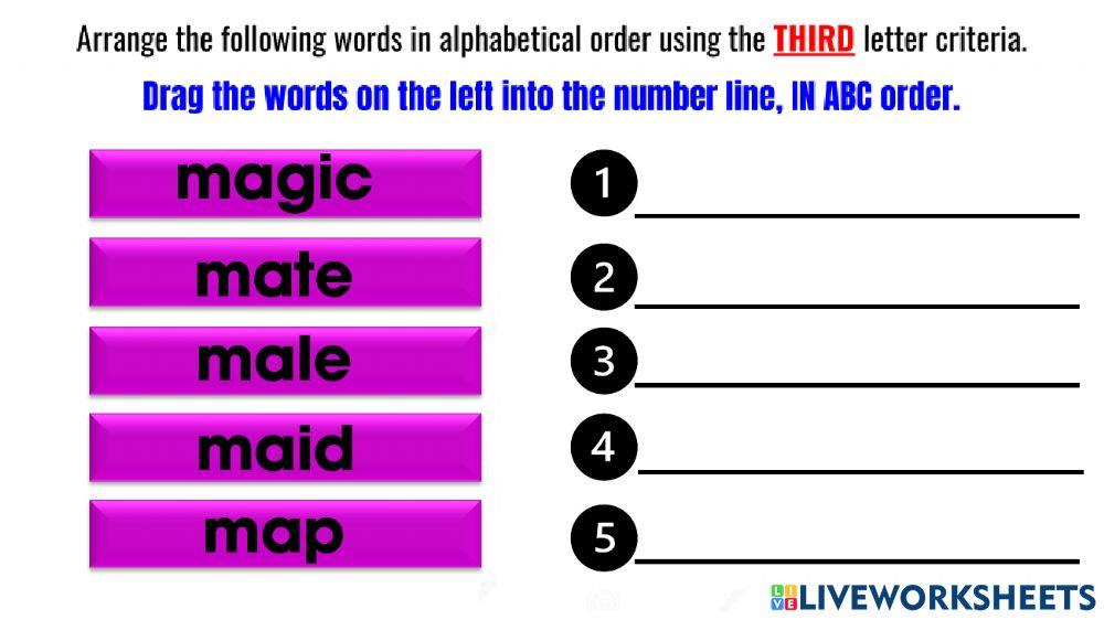 Alphabetical order first, second & third letter criteria
