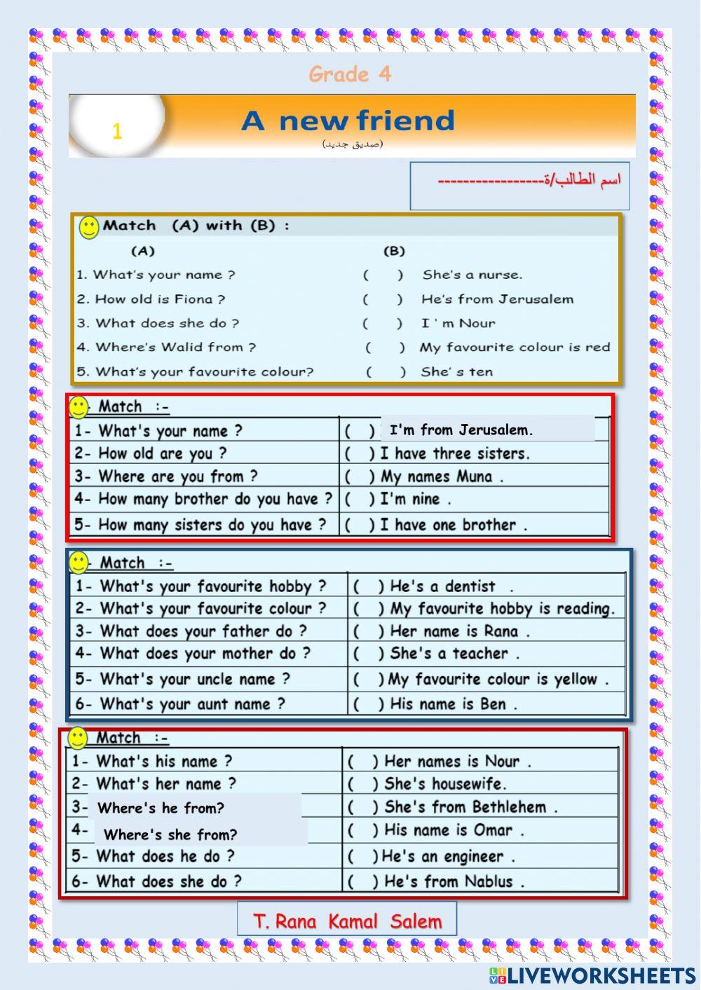 Grade4  Unit 1  A new friend . T. Rana Kamal Salem