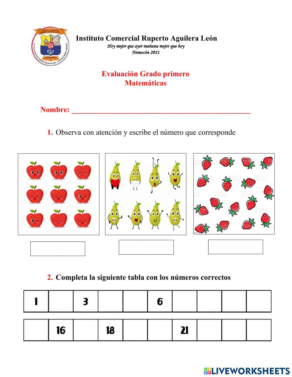 Evaluación Matemática Grado primero