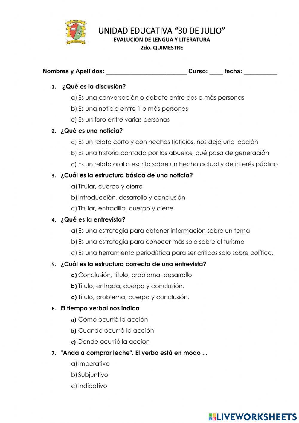 EVALUACIÓN 2do. QUIMESTRE LENGUA