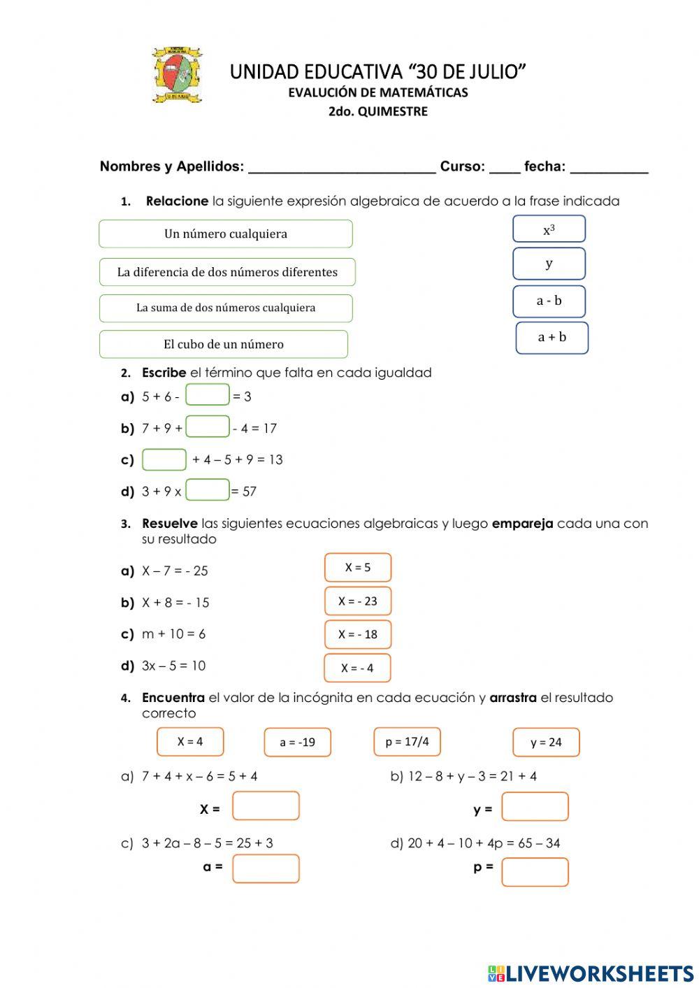 EVALUACIÓN 2do. QUIMESTRE MATE
