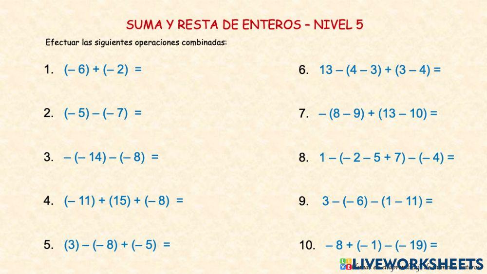 Suma y resta de enteros - Nivel 5