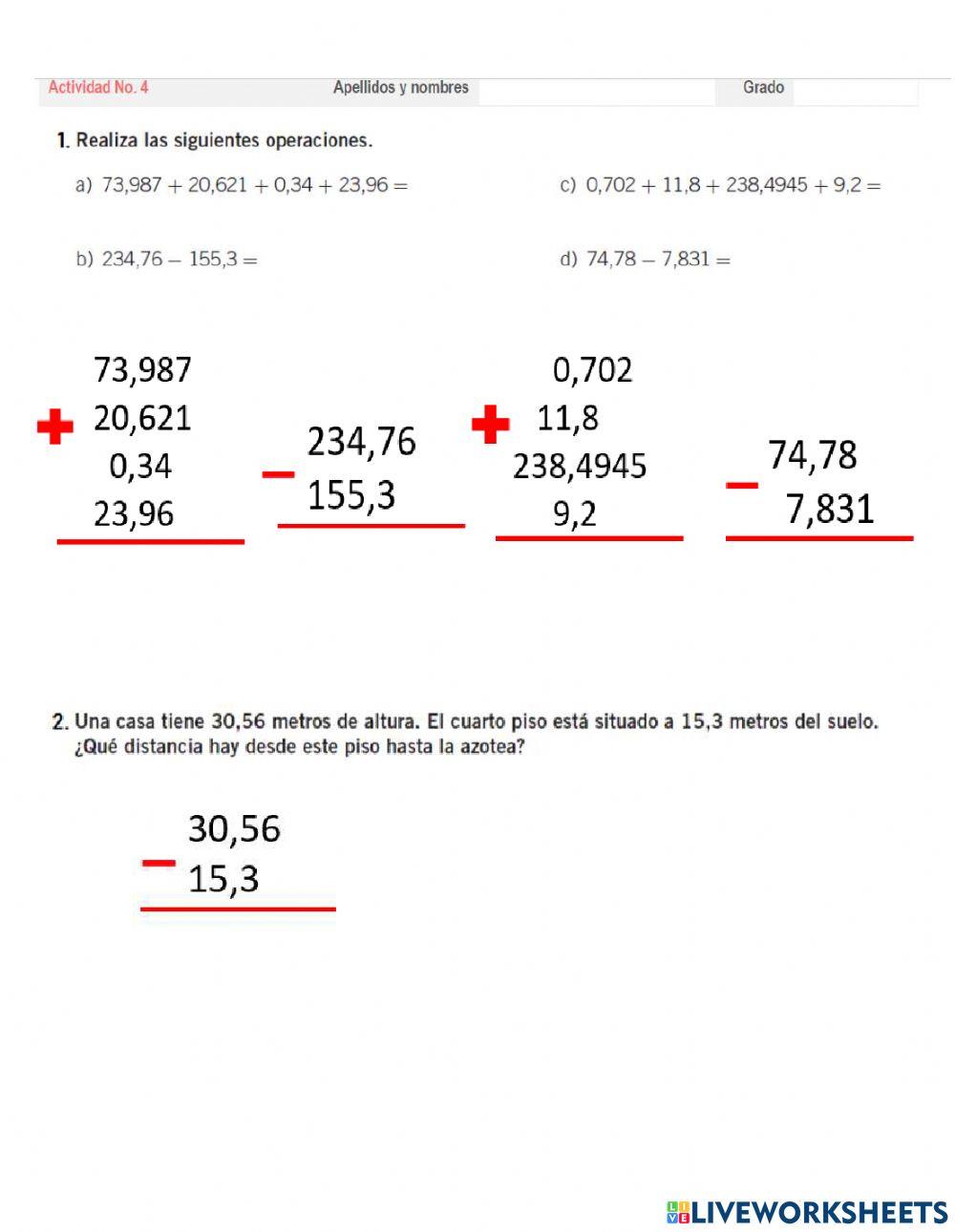 Sumas y restas de numeros decimales