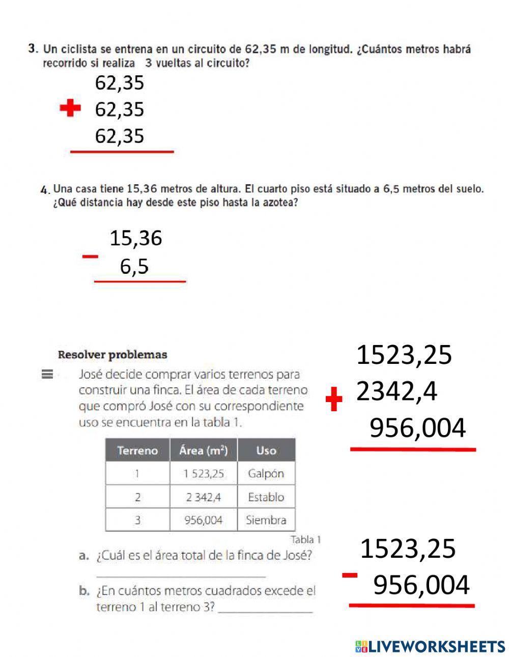 Sumas y restas de numeros decimales