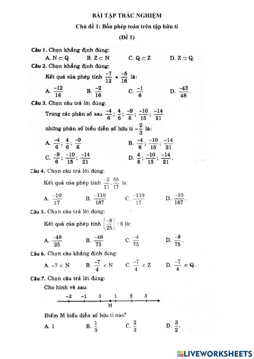 Đề 1 - chủ đề: Số hữu tỉ - số thực