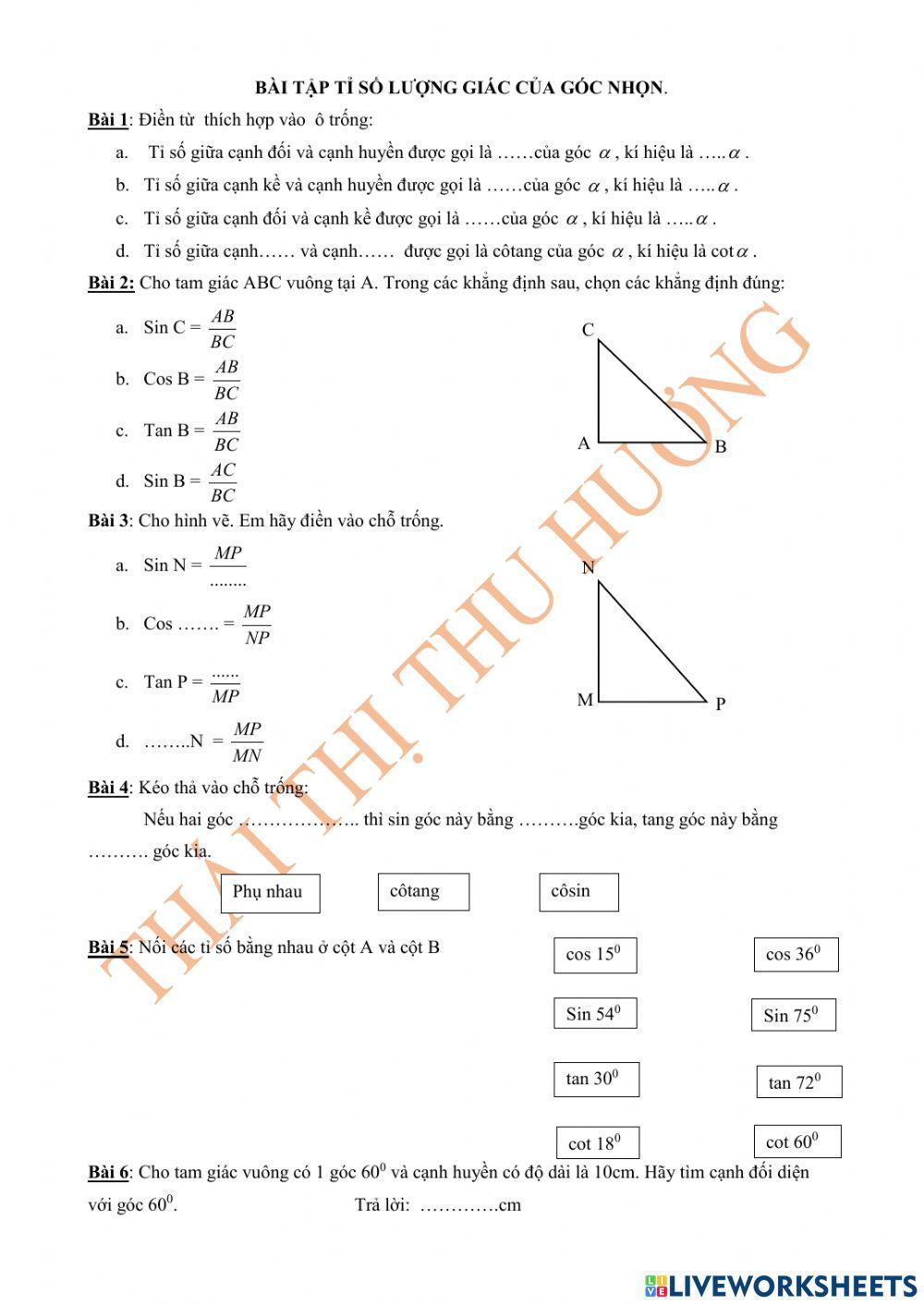 Bài tập lí thuyết tỉ số lượng giác của góc nhọn