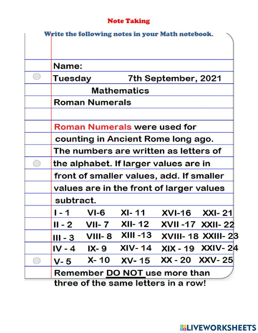 Roman Numerals Notes