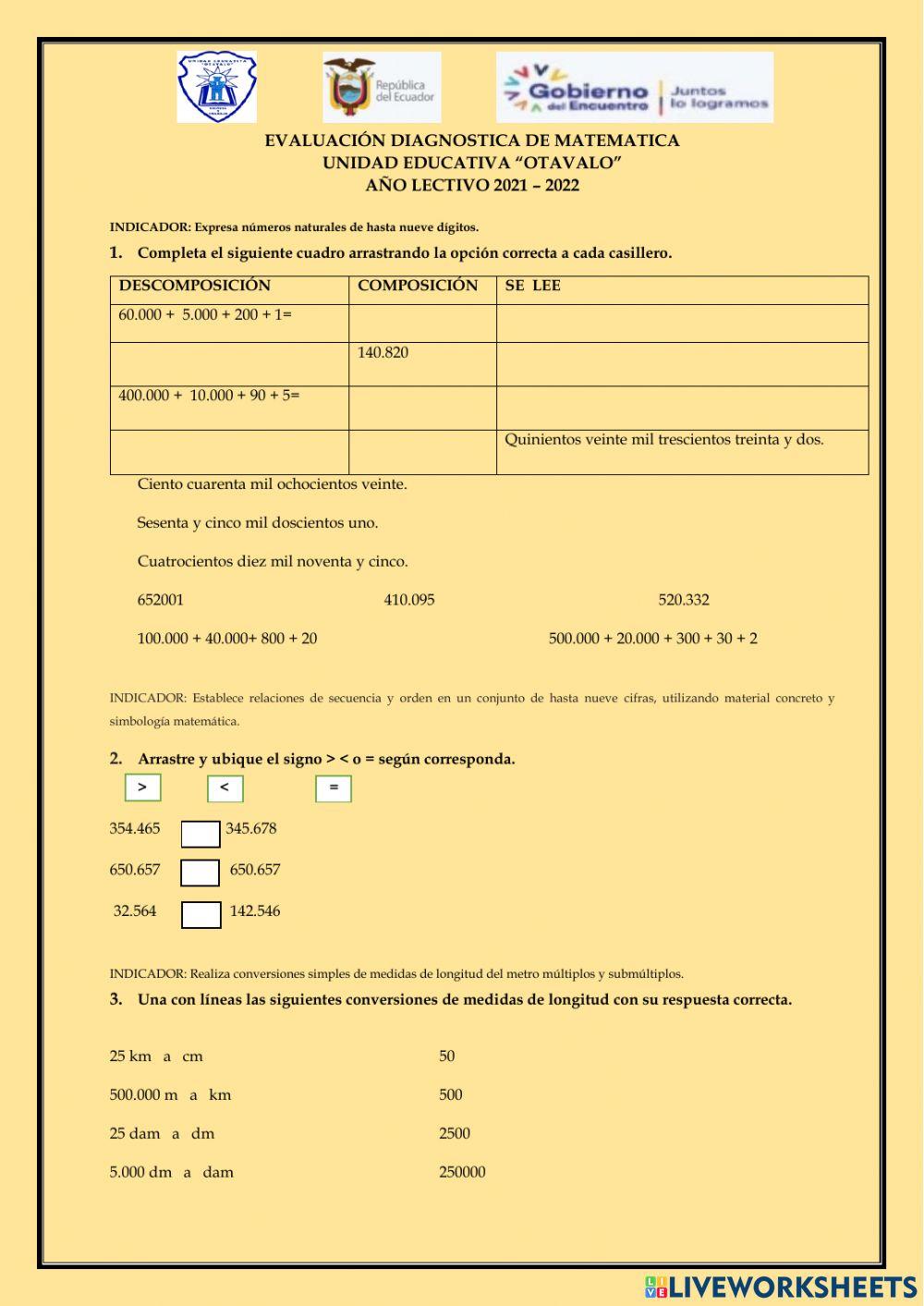Evaluación diagnóstica matemática