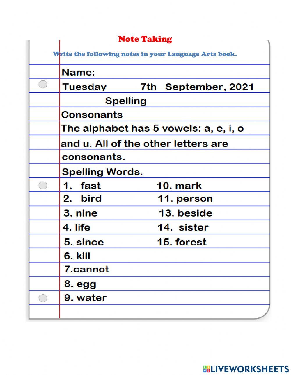 Consonants Spelling Notes