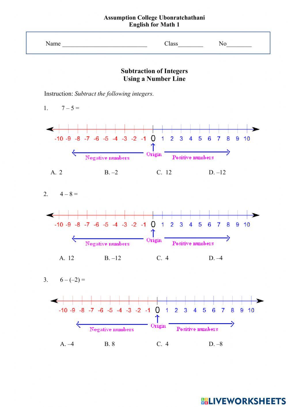Integers Number Line Worksheet