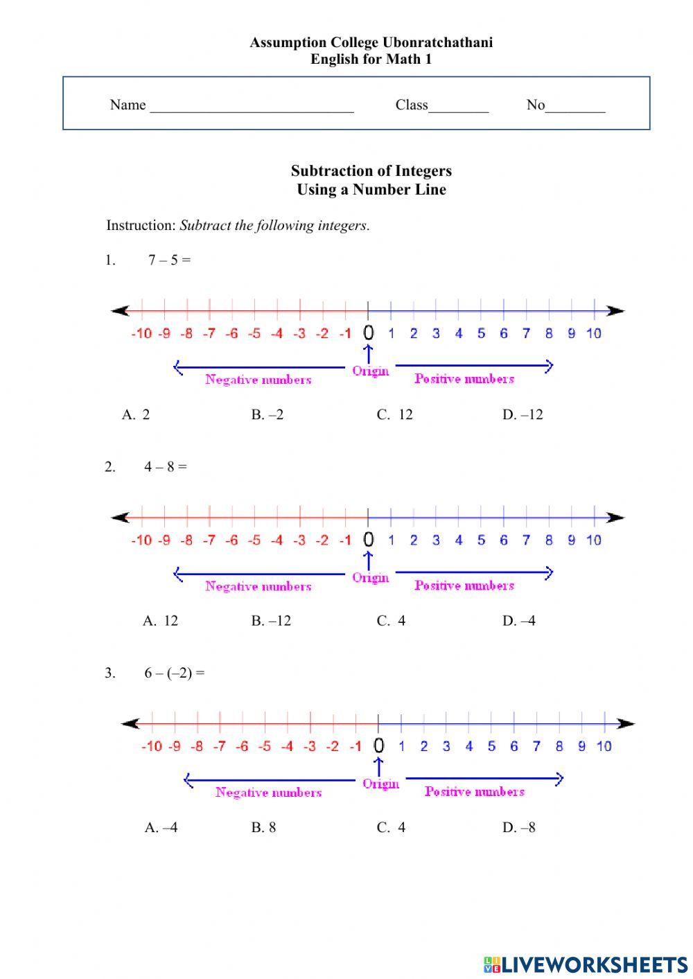 Subtraction of Integers using Number Line