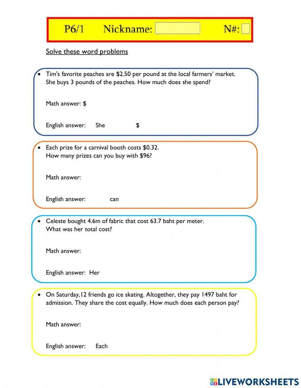 Word problems Decimals