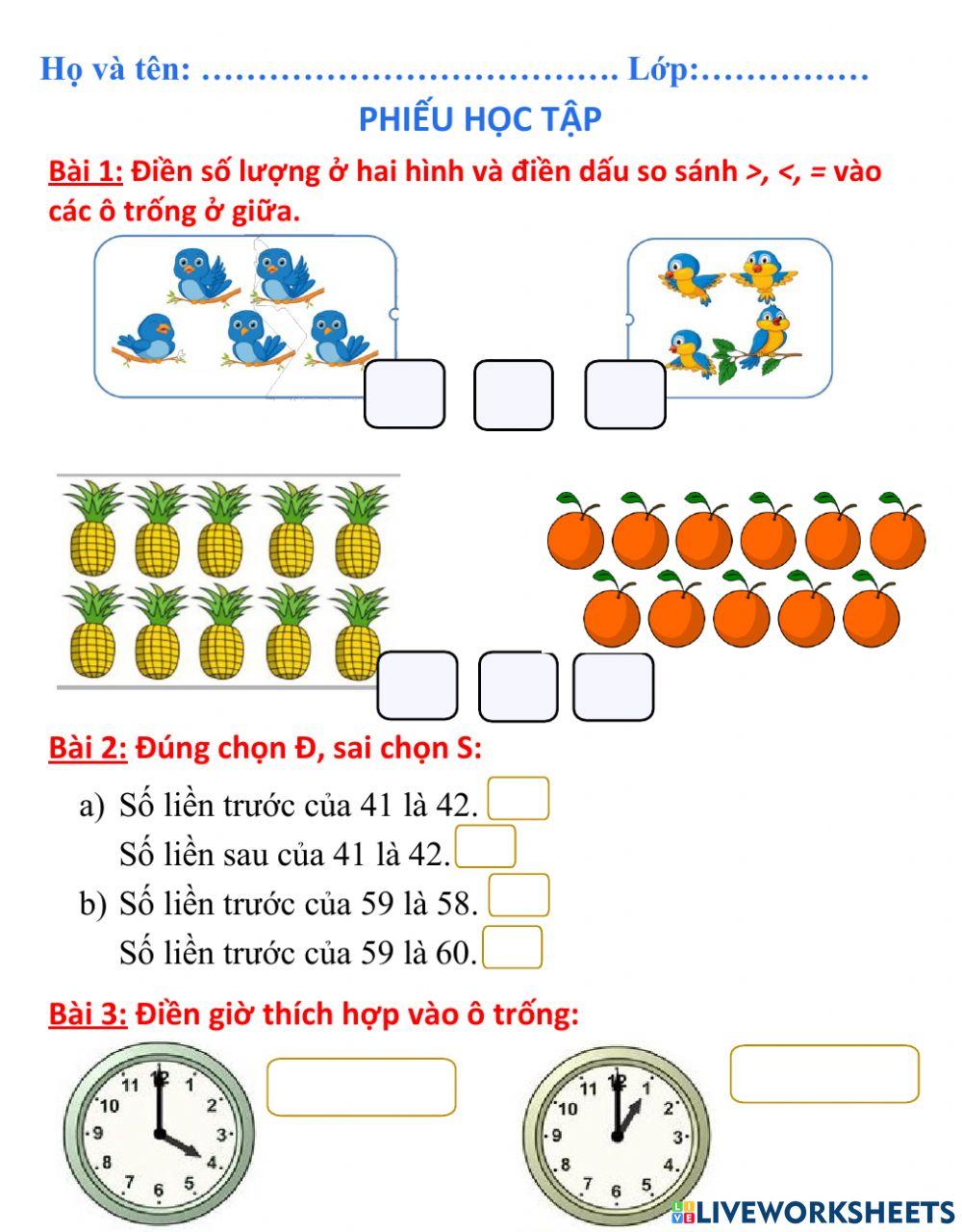 Ôn tập toán lớp 2 đầu năm