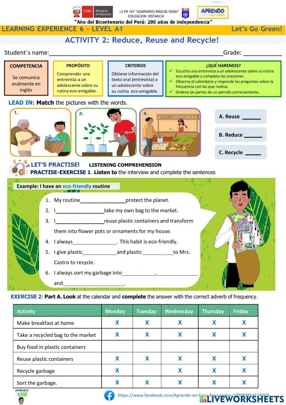 Activity 2 Reduce- Reuse and Recycle! Let's Go Green! Experiencia 6 Aprendo en casa