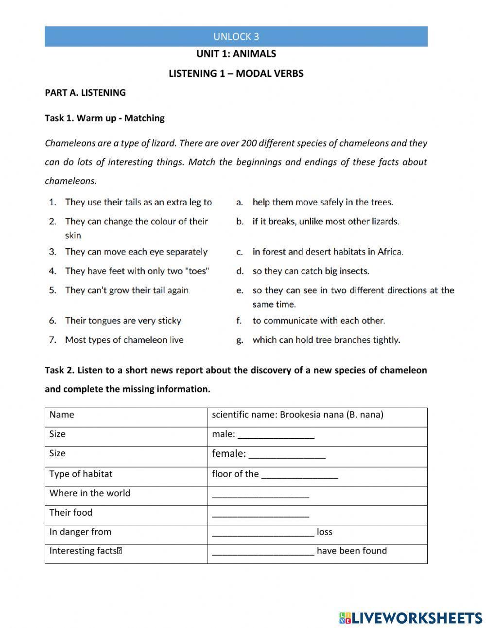 Listening: Topic - Animals - Modal verbs