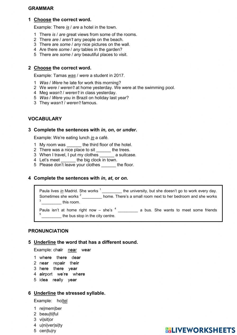 B 10A - hotels, some any, was were, on at in under