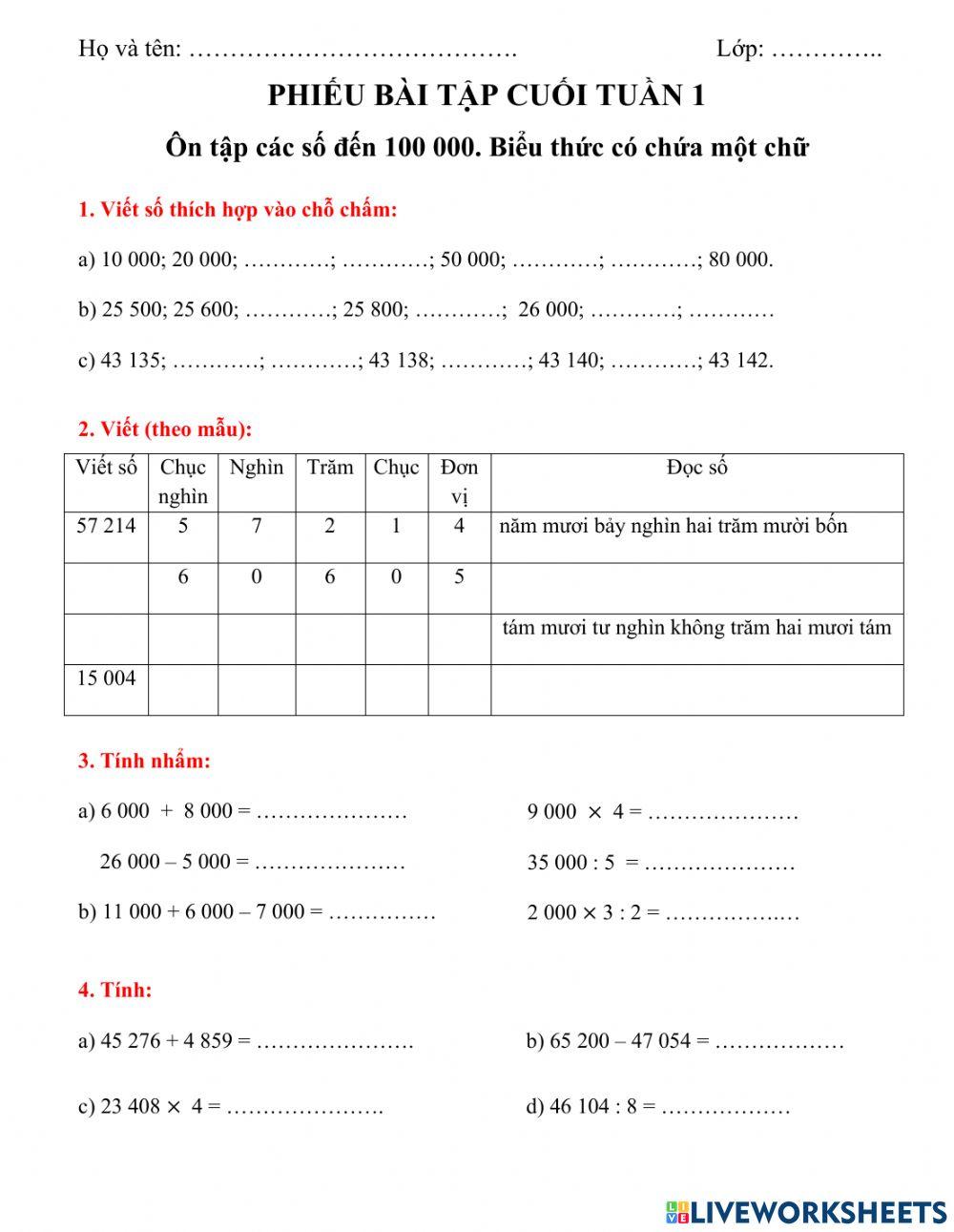 BT Toán 4 - Phiếu cuối tuần 1
