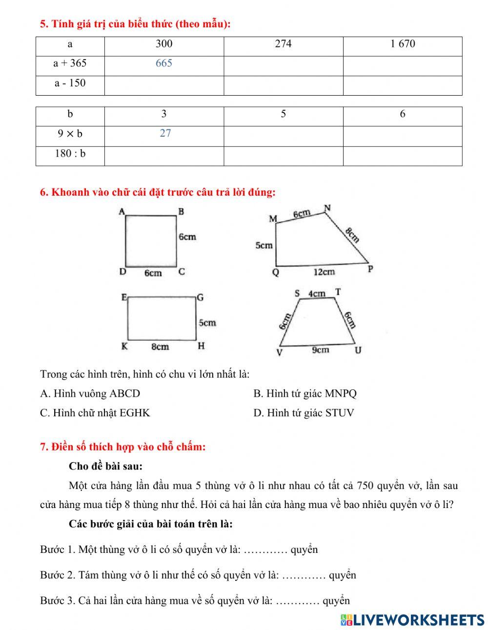 BT Toán 4 - Phiếu cuối tuần 1