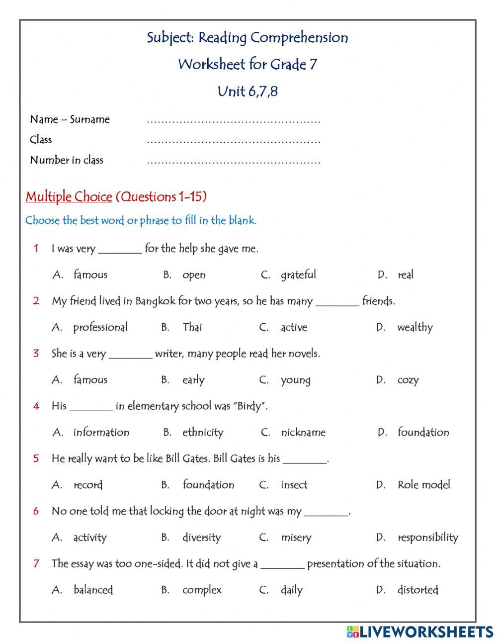 Worksheet online exercise for 7 | Live Worksheets
