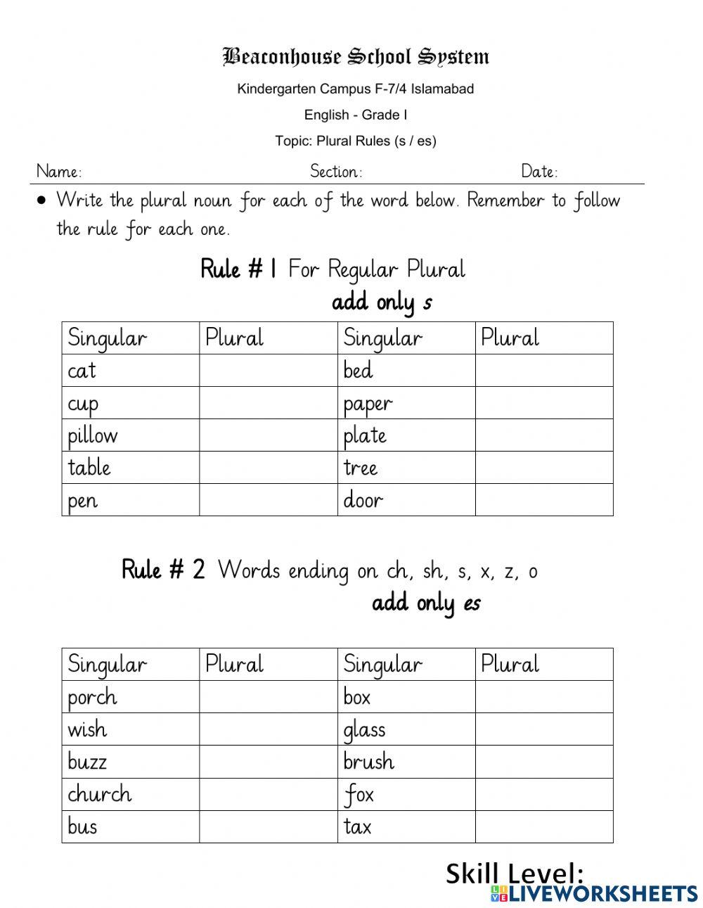 Singular - Plural (s,es)