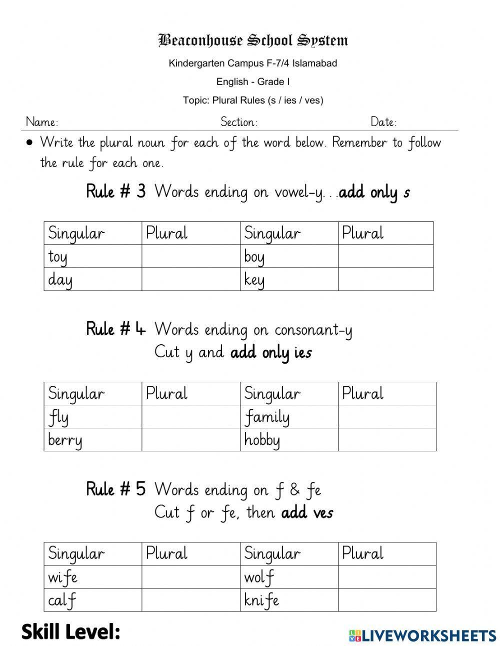 PRUEBA DE INGLES ADDING S, ES AND IES