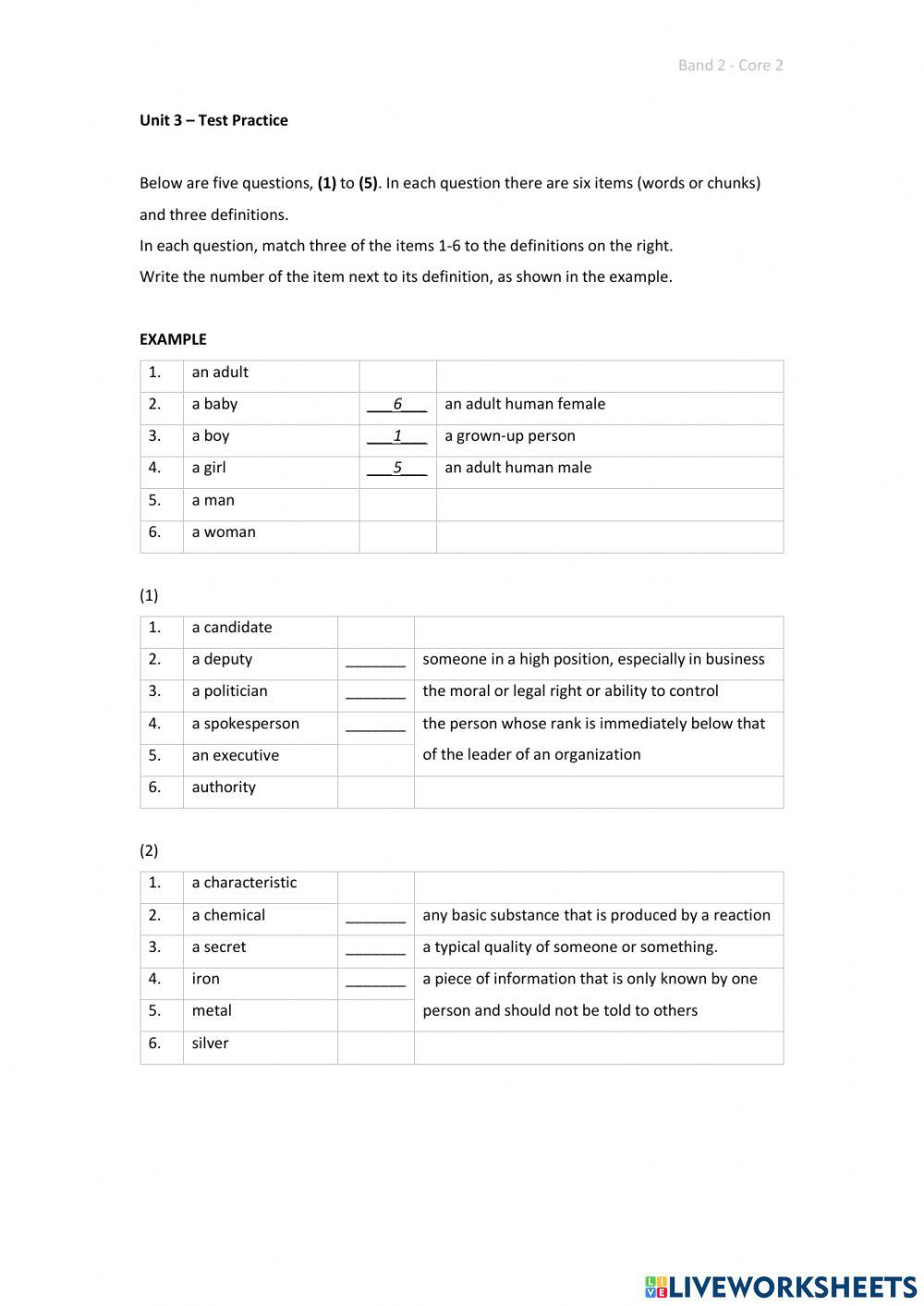 Band 2 (Core 2) - Unit 3 - Test