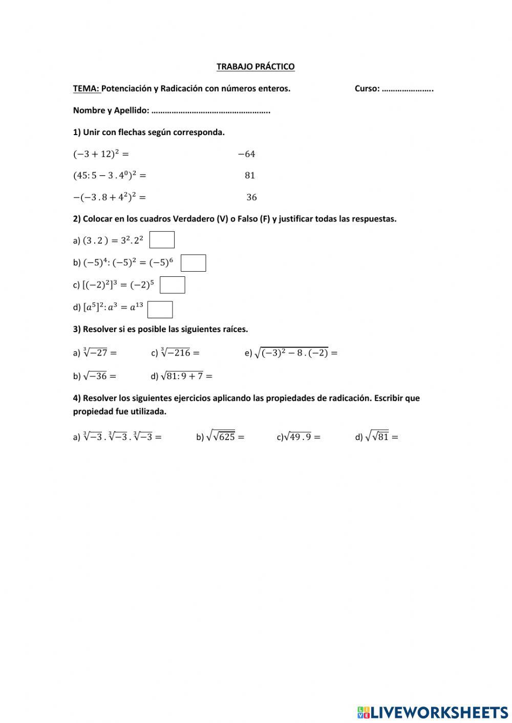 Trabajo Práctico de Potenciación y Radicación con Enteros