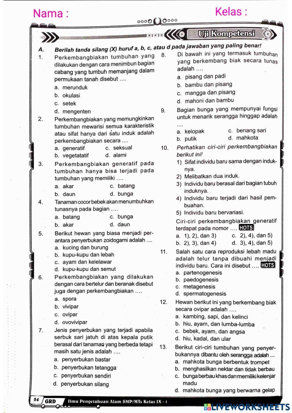 Latihan Soal Perkembangbiakan pada Tumbuhan dan Hewan