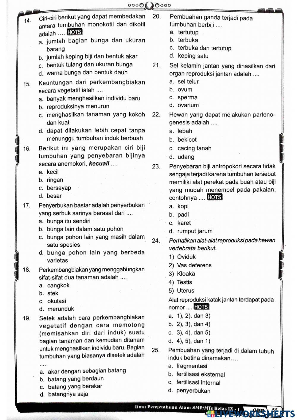 Latihan Soal Perkembangbiakan pada Tumbuhan dan Hewan