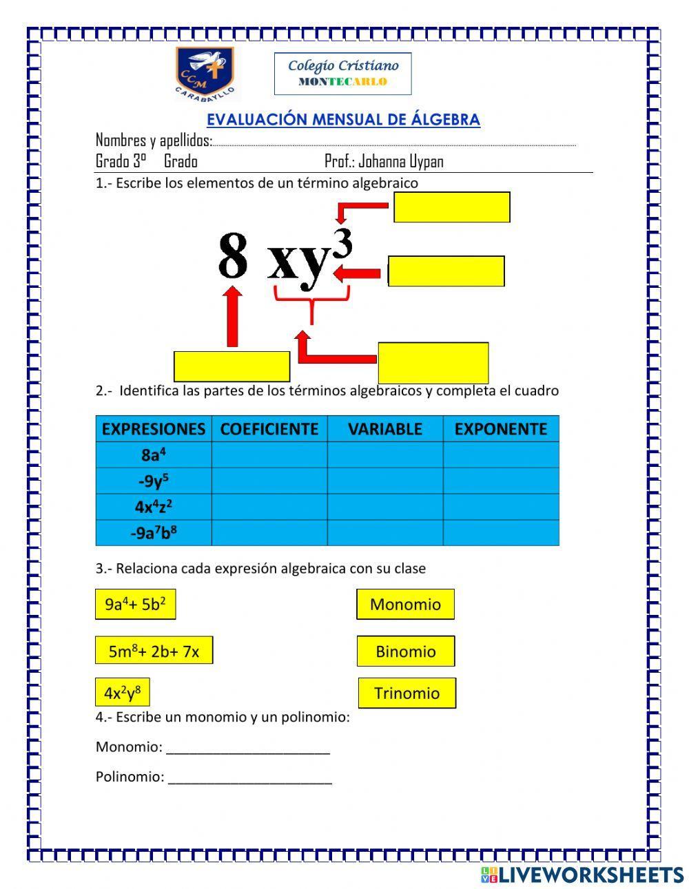 Evaluacion mensual algebra