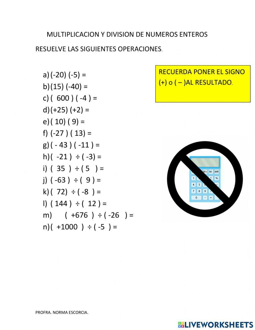 Multiplicación y división de números enteros