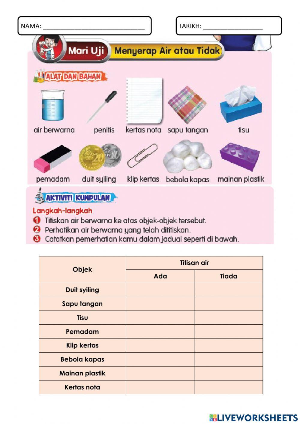 Objek Menyerap Air, Objek Tidak Menyerap Air