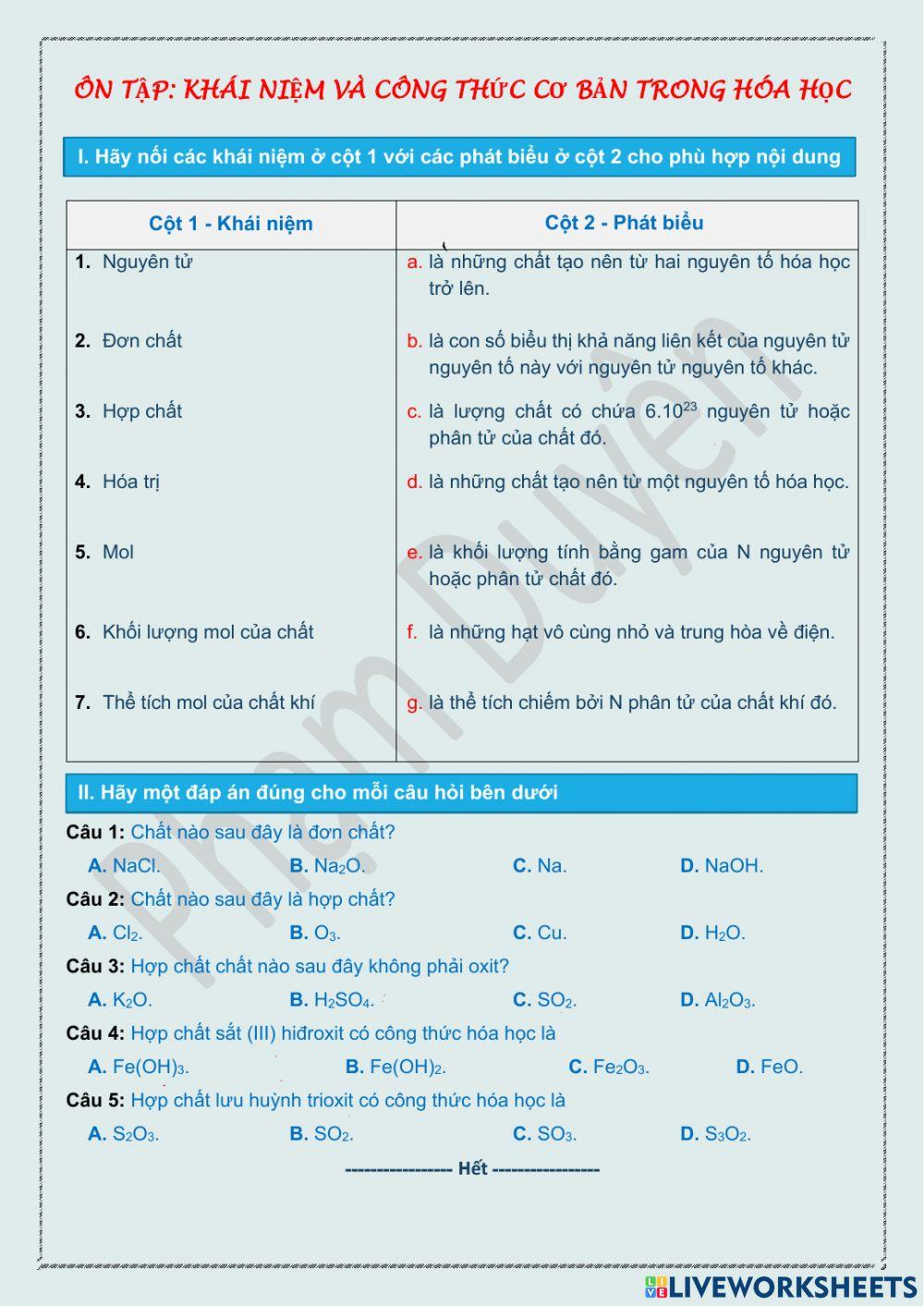 Ôn tập khái niệm cơ bản trong hóa học THCS