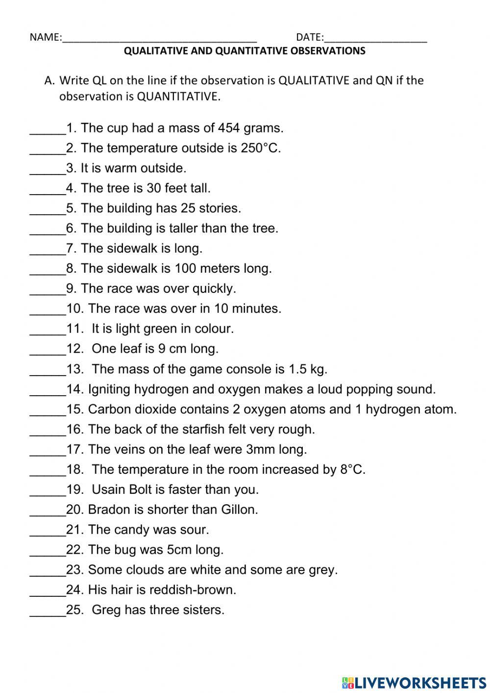 Qualitative and quantitative observations worksheet | Live Worksheets Qualitative and quantitative observations worksheet | Live Worksheets