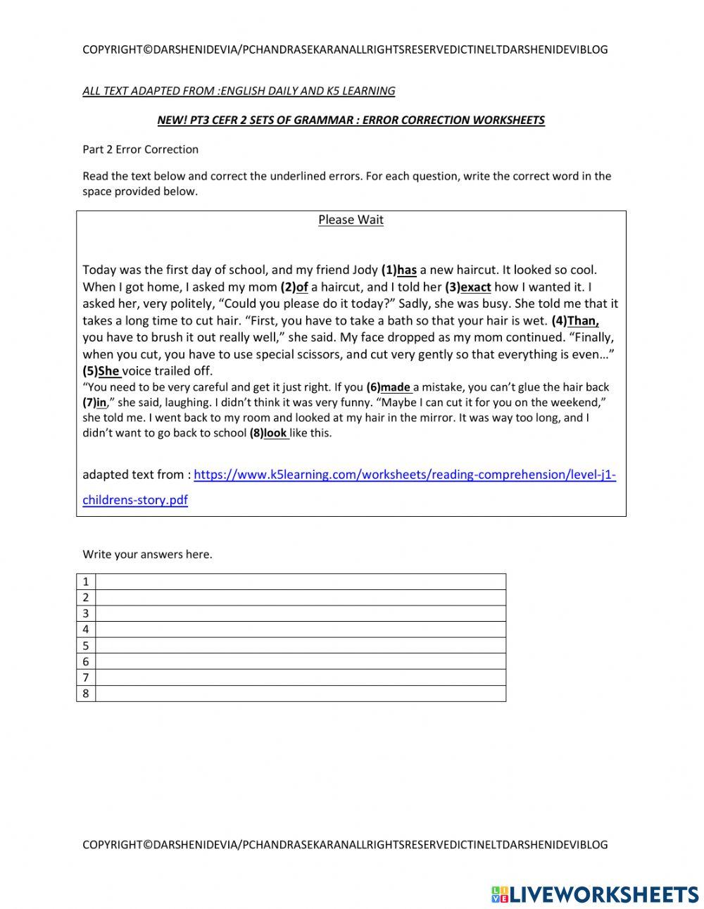 Pt3 error correction worksheets