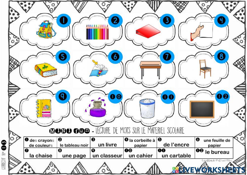 Le matériel scolaire - association mots et images