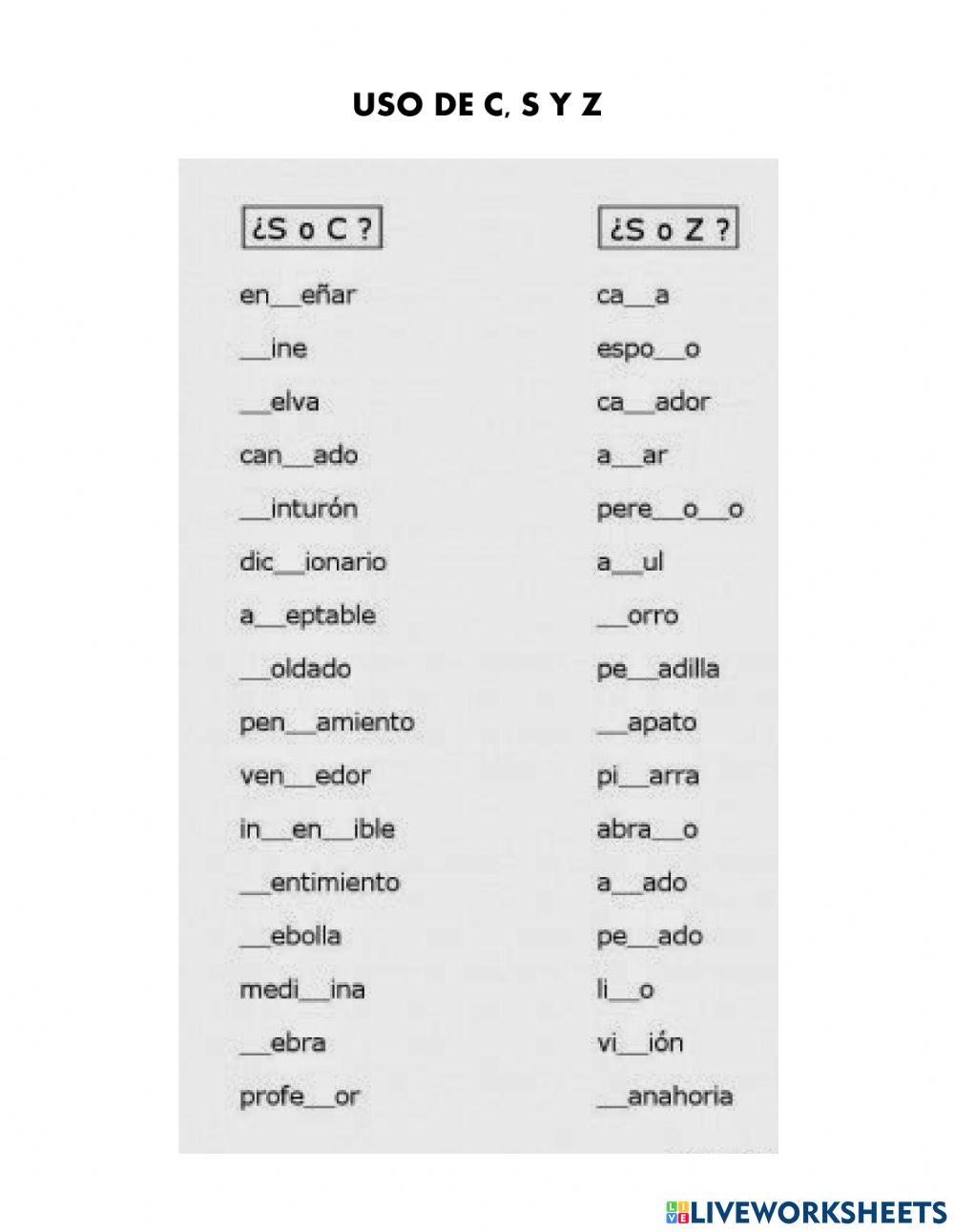 Uso de c, s y z
