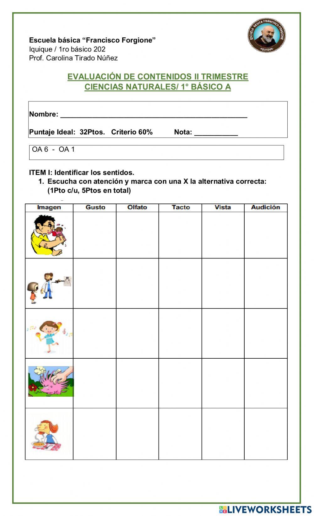 Evaluación seres vivos y los cinco sentidos