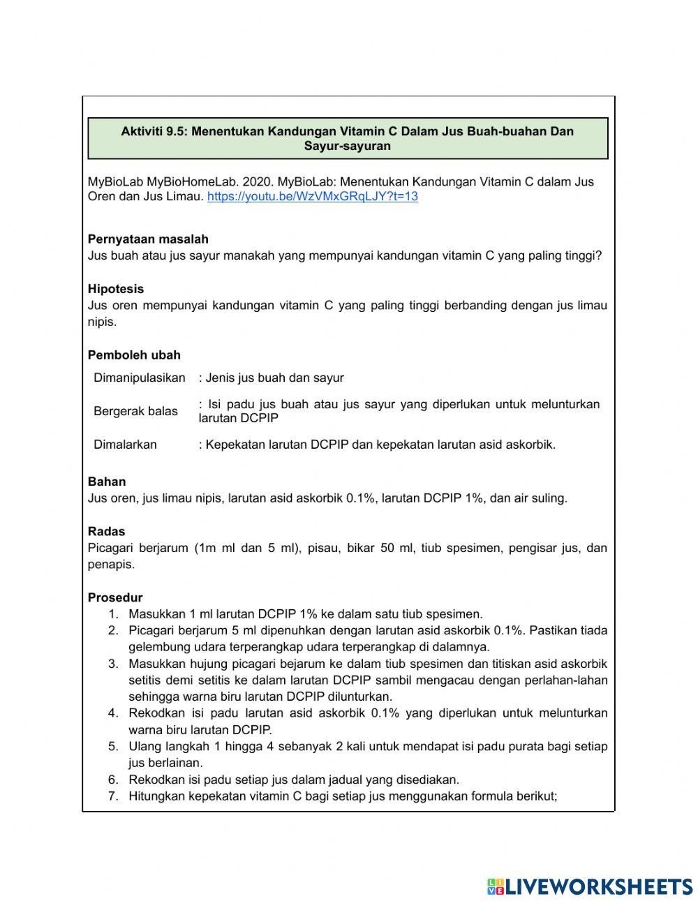 Laporan Amali 9.4 & 9.5 (Biologi Tingkatan 4- Bab 9)